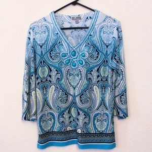 Turquoise Pattern with Embroidered Details Top